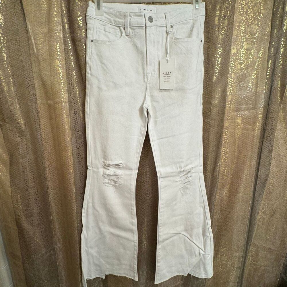 Risen White High Rise Wide Flare Leg Distressed Jeans 11/30 NWT